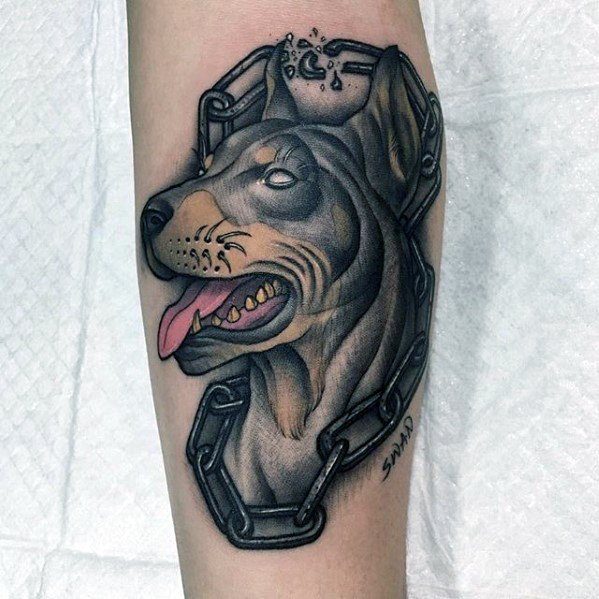 Doberman tattoo on the forearm for men