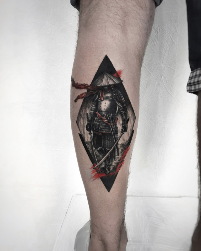 Samurai tattoo on the calf for men