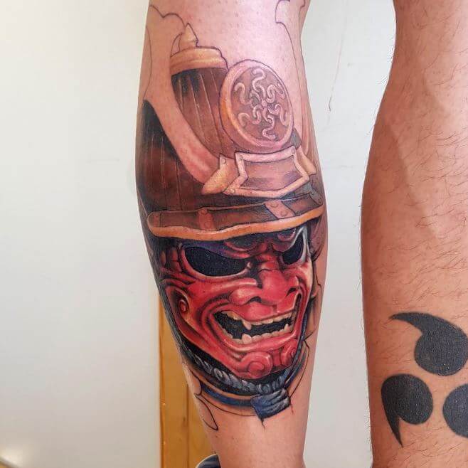 Samurai tattoo on the calf for men