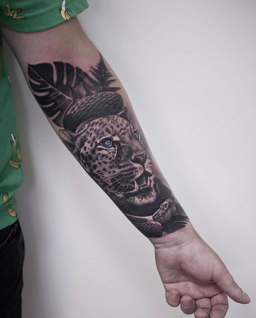 Leopard tattoo on the forearm for men