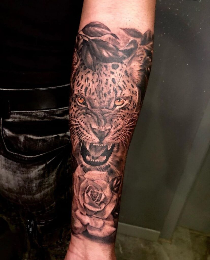 Leopard tattoo on the forearm for men