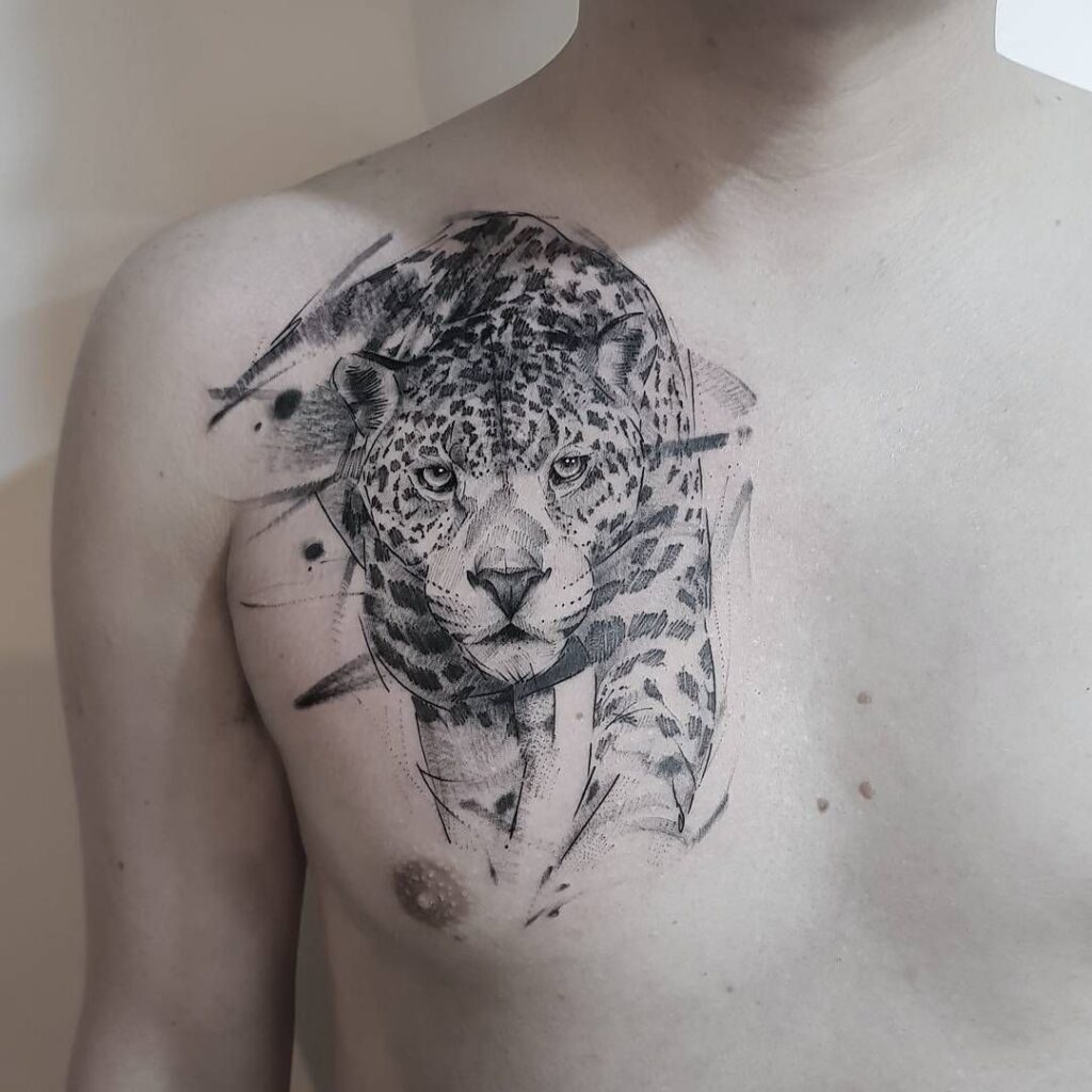 Leopard tattoo on the chest for men