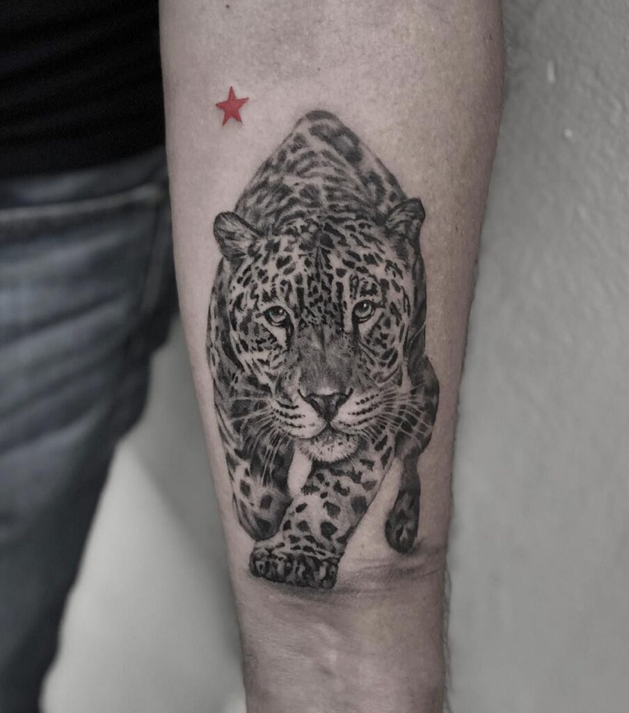 Leopard tattoo on the forearm for men