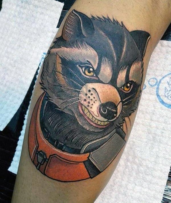 Tattoo of a raccoon on the leg for men