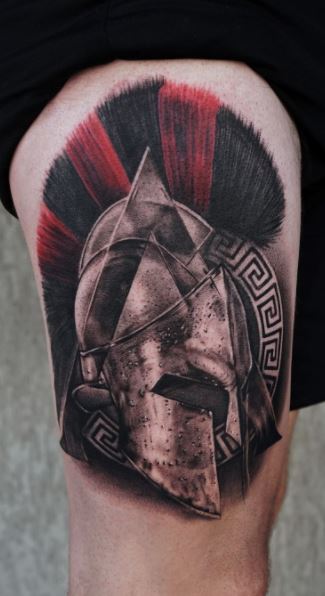 Spartan tattoo on the hip for men