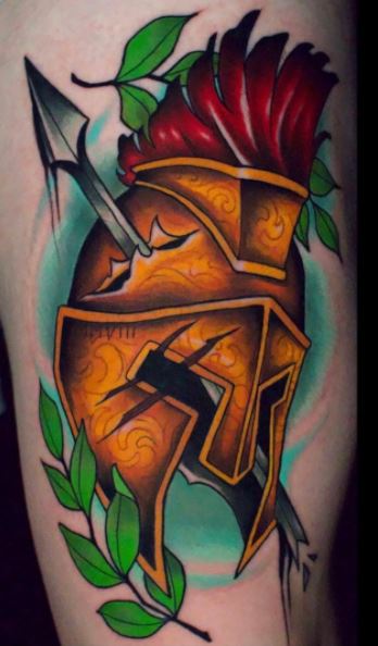 Tattoo of a Spartan on the leg for men