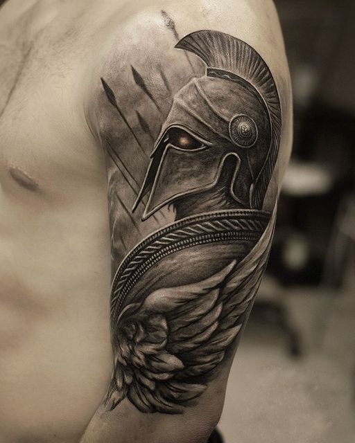 Spartan tattoo on the shoulder for men