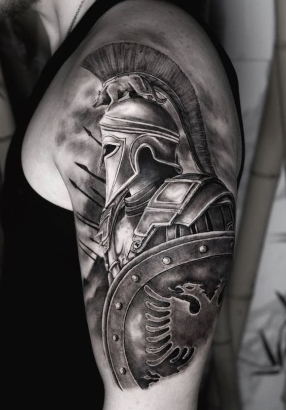 Spartan tattoo on the shoulder for men