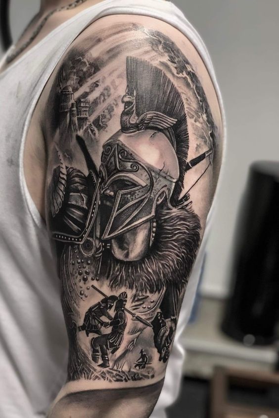 Spartan tattoo on the shoulder for men