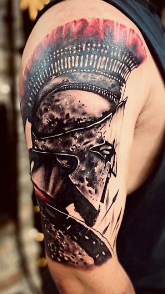 Spartan tattoo on the shoulder for men