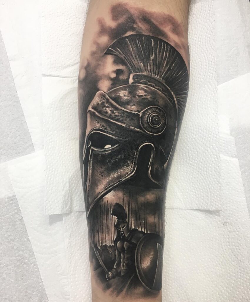 Tattoo of a gladiator on the leg for men