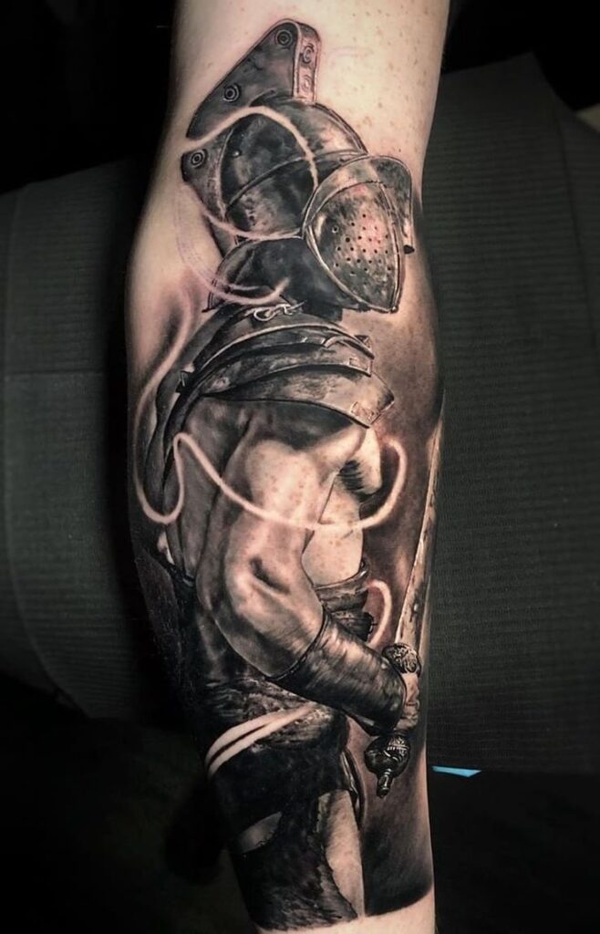 Tattoo of a gladiator on the leg for men