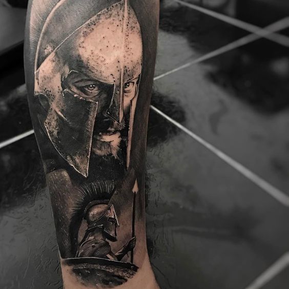 Tattoo of a gladiator on the leg for men