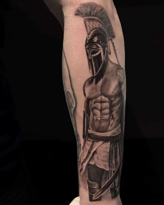 Tattoo of a gladiator on the leg for men