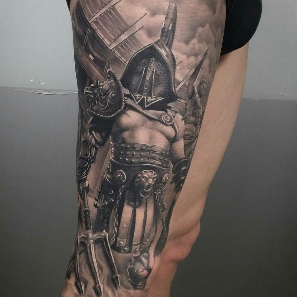 Gladiator tattoo on the thigh for men