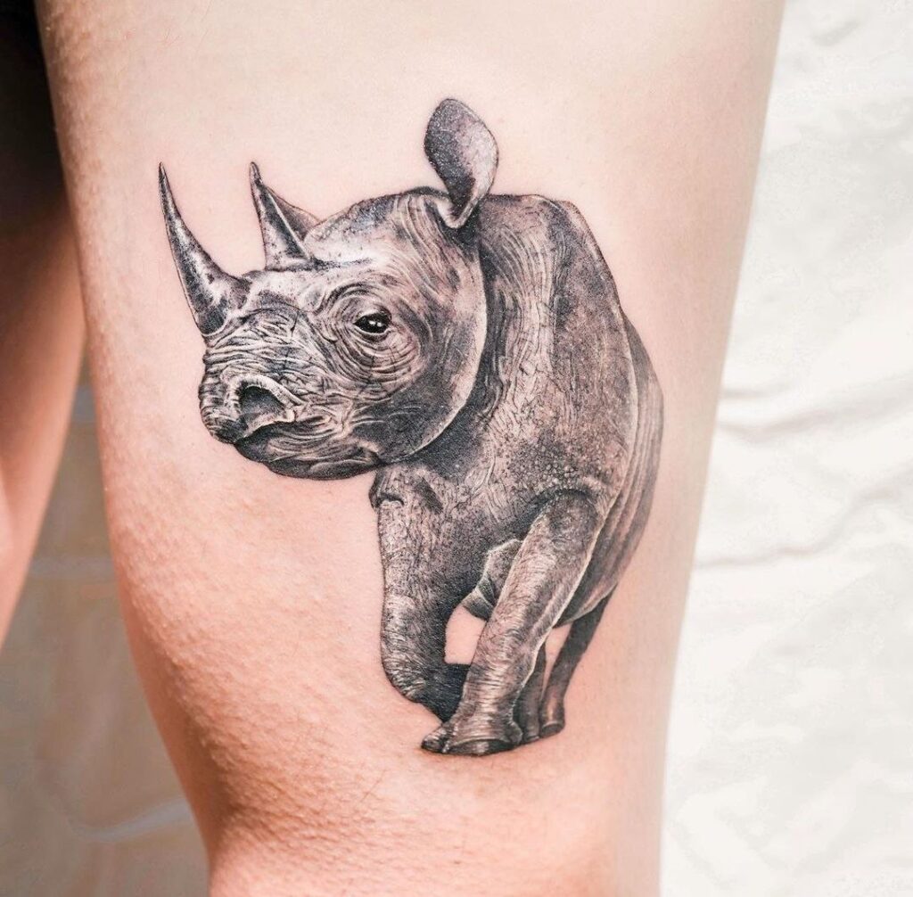 Rhinoceros tattoo on the thigh for women