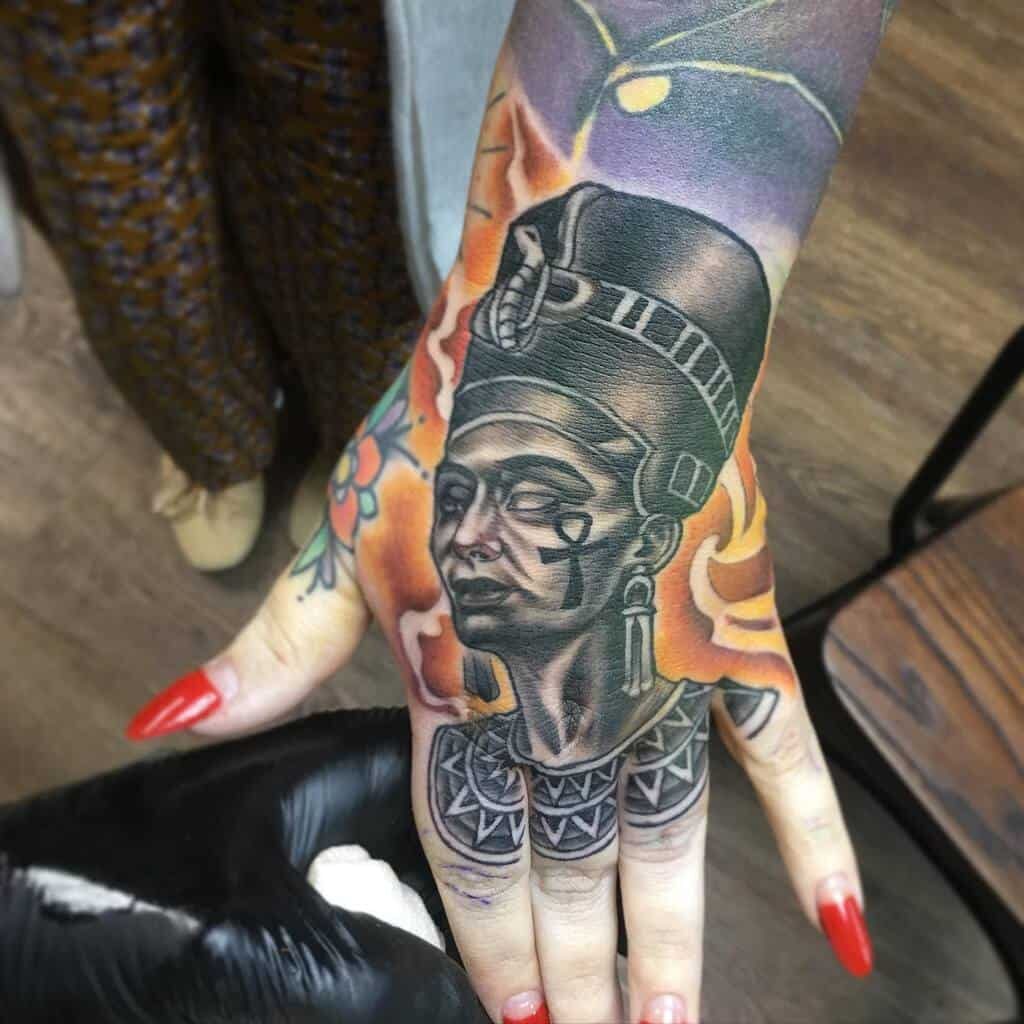 Nefertiti tattoo on the hand for women