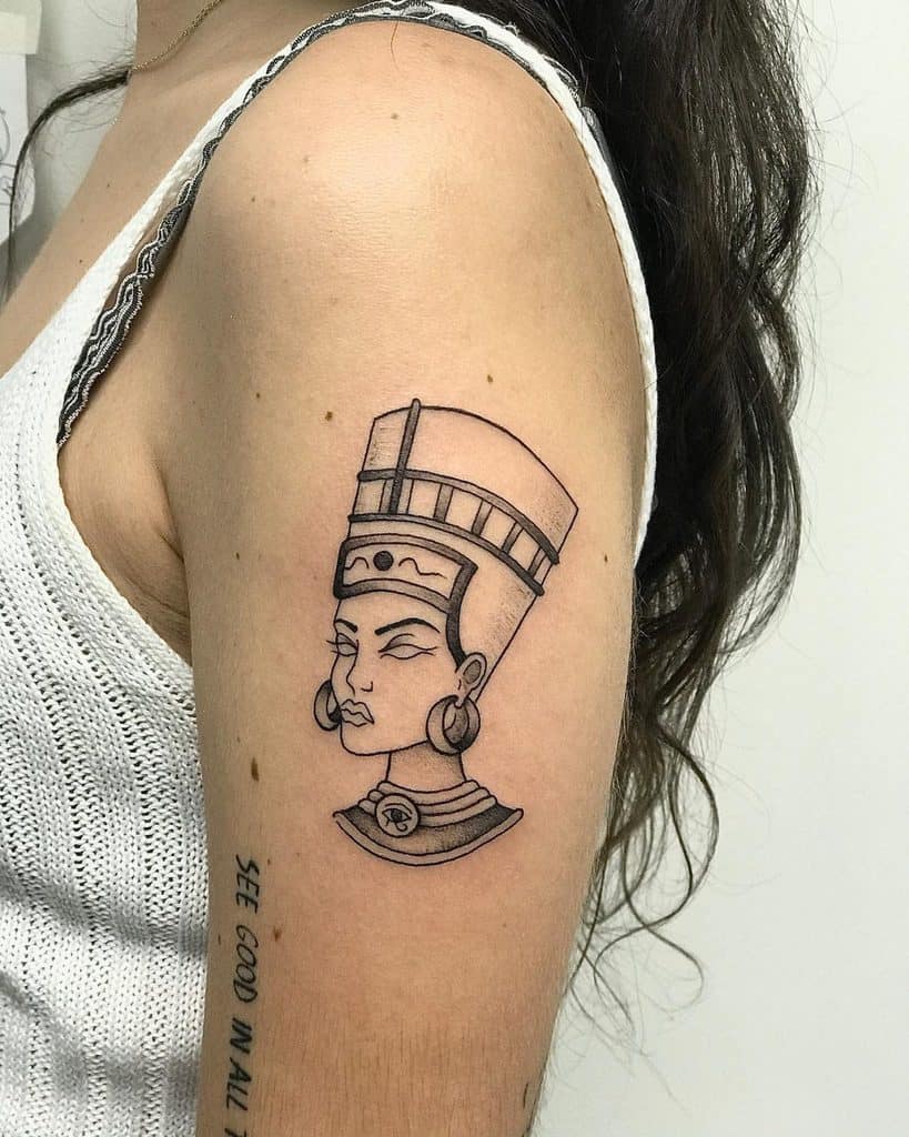 Tattoo of Nefertiti on the shoulder for women