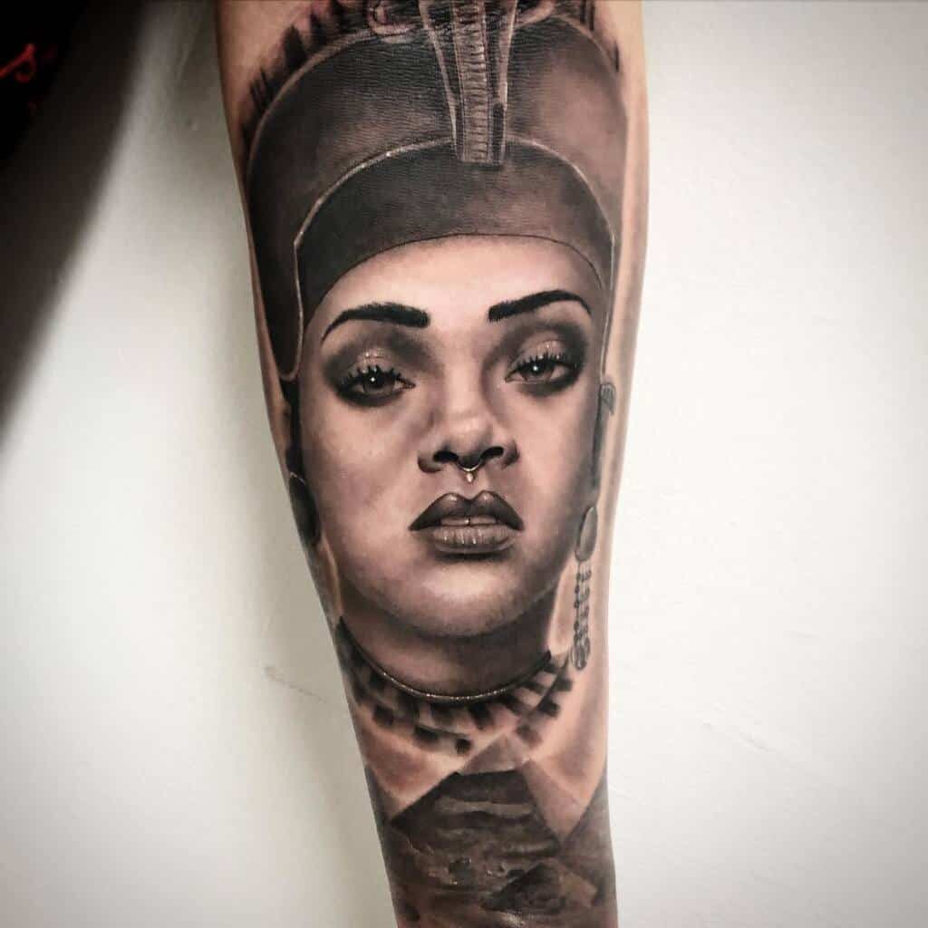 Nefertiti tattoo on the forearm for women