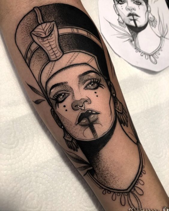 Nefertiti tattoo on the forearm for women