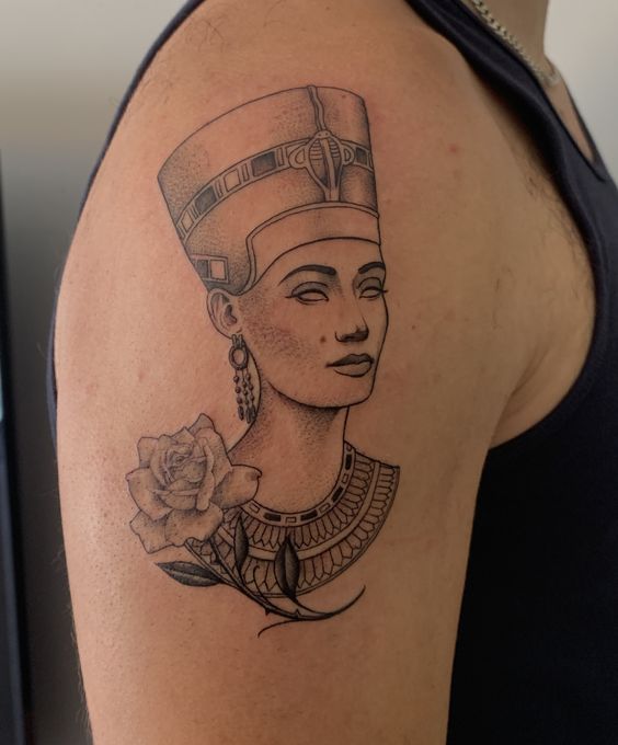 Tattoo of Nefertiti on the shoulder for men