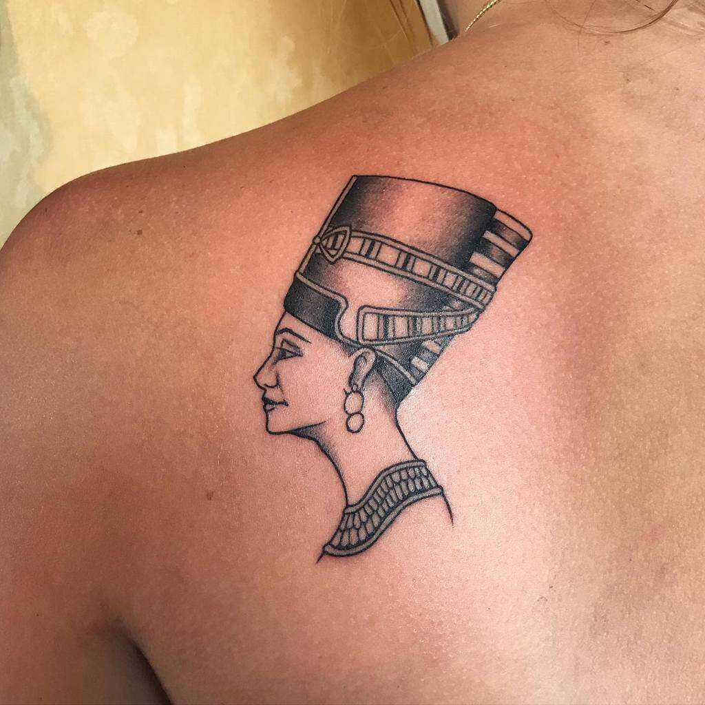 Nefertiti tattoo on the shoulder blade for women