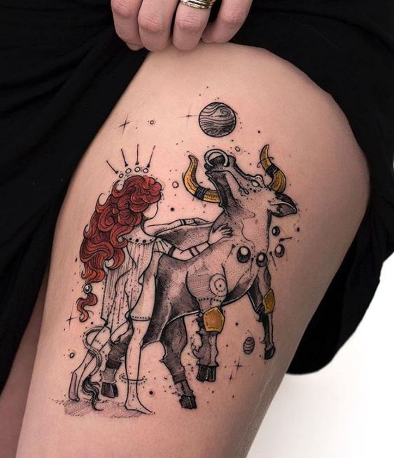 Bull tattoo on the hip for women