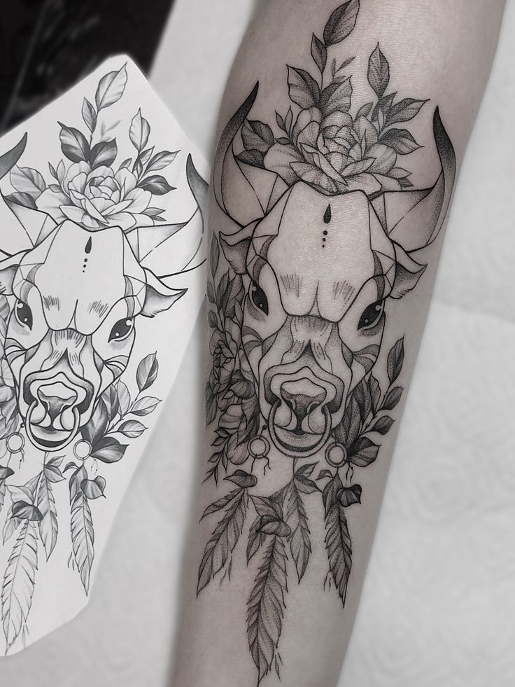 Bull tattoo on forearm for women