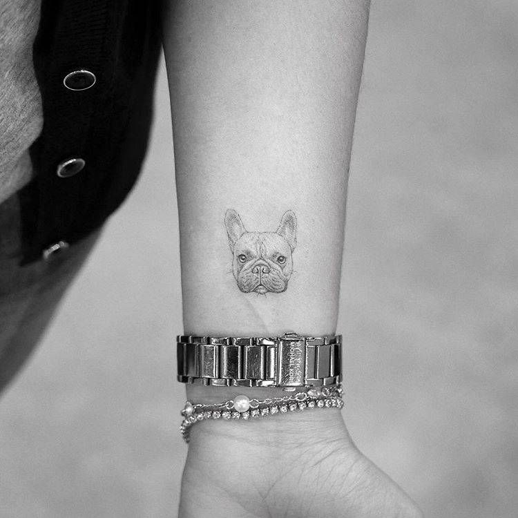 Bulldog tattoo on forearm for women