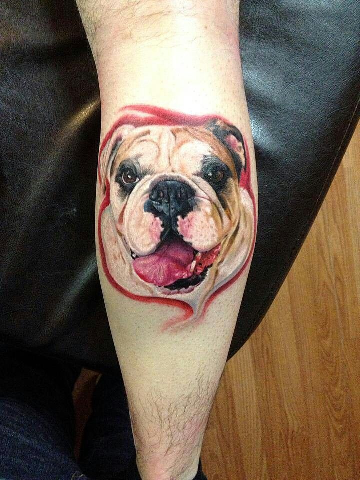 Bulldog tattoo on calf for men