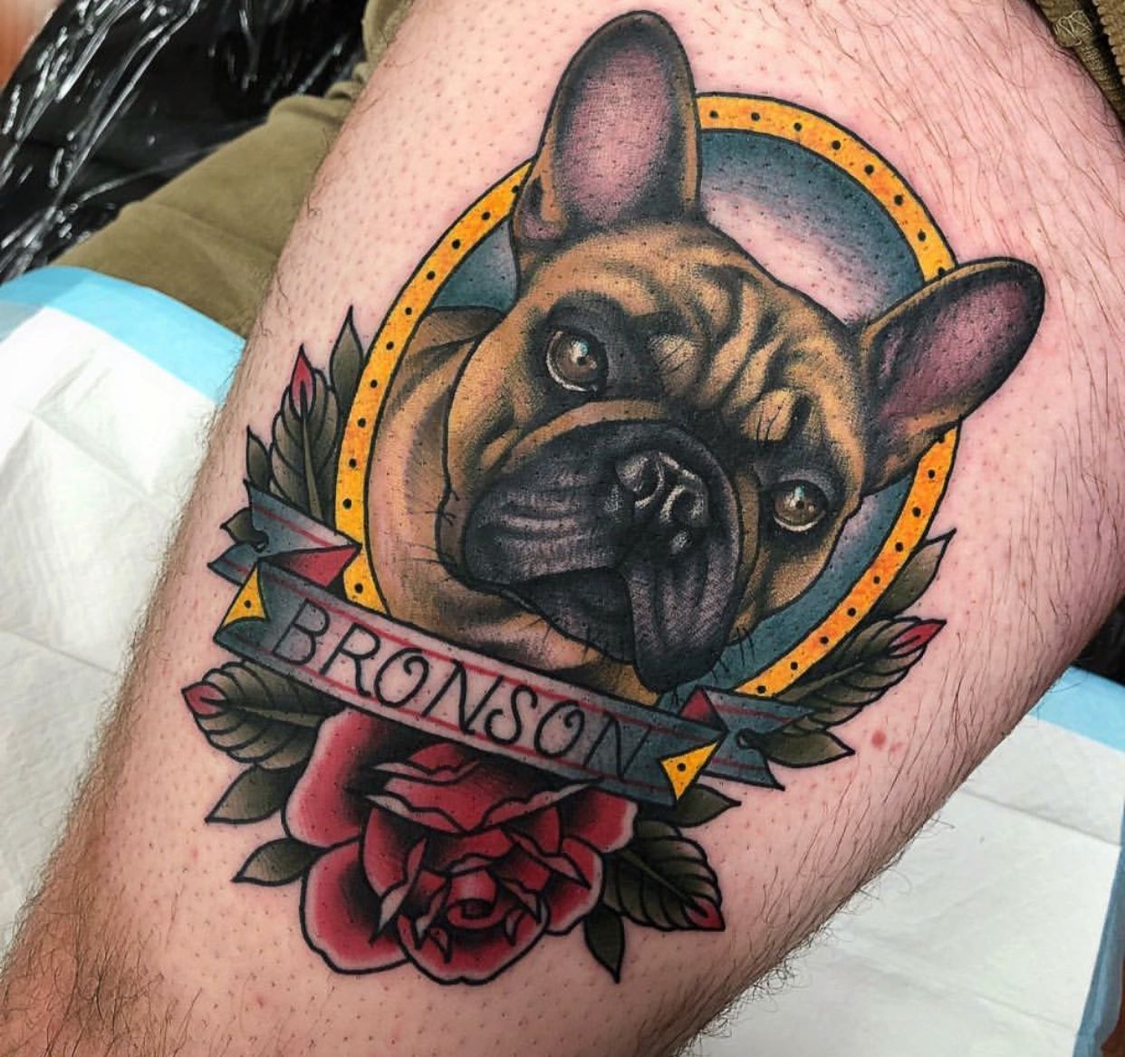 Bulldog tattoo on the calf for men