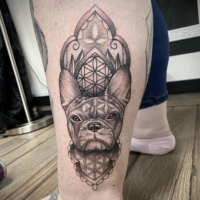 Bulldog tattoo on the shin for women