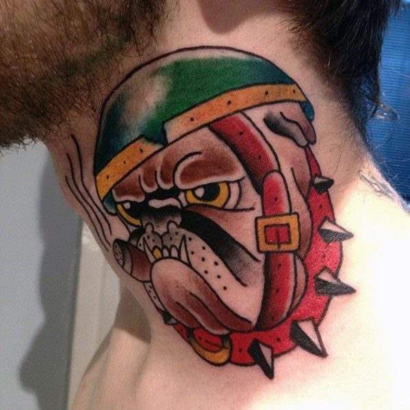 Bulldog tattoo on the neck for men