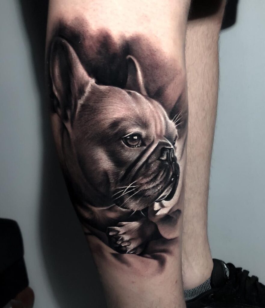 Bulldog tattoo on the shin for men