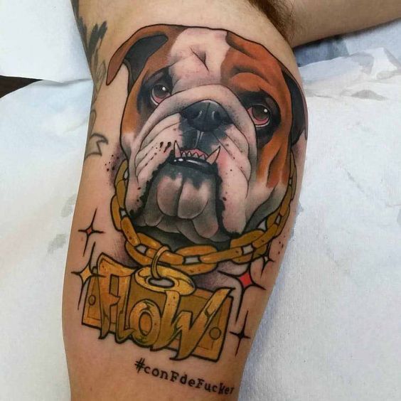 Bulldog tattoo on the biceps for men