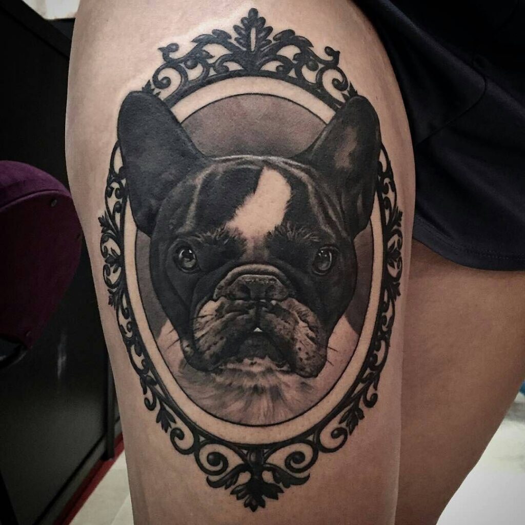 Bulldog tattoo on the hip for women