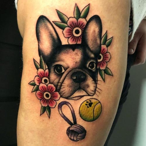 Bulldog tattoo on the shoulder for women