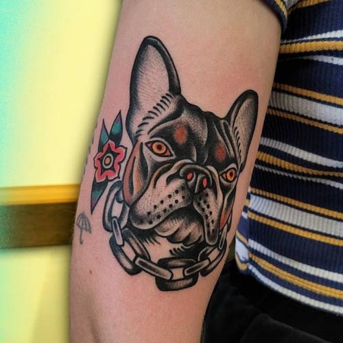 Bulldog tattoo on the shoulder for women