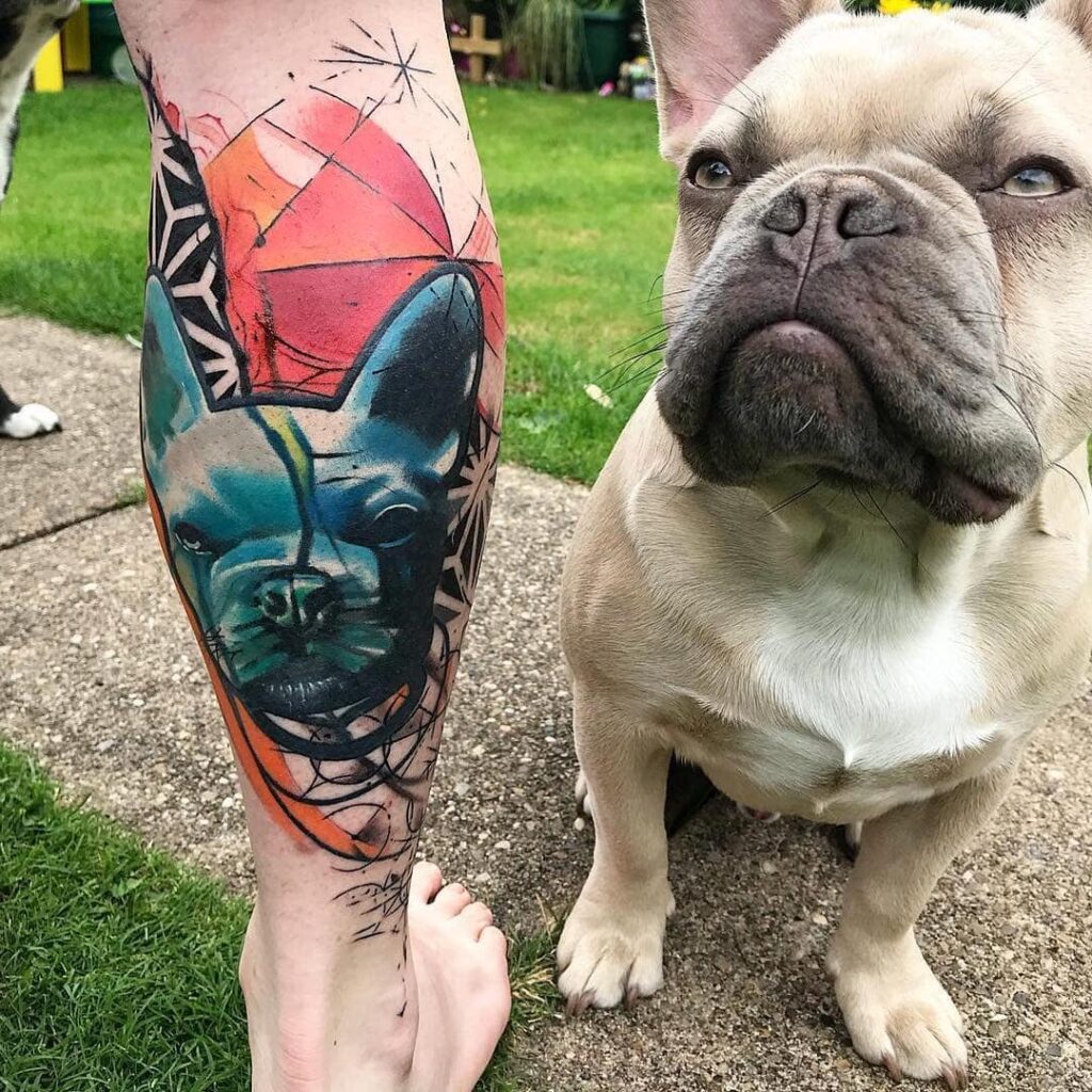 Bulldog tattoo on calf for men