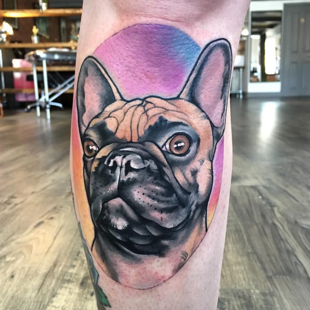 Bulldog tattoo on the leg for men