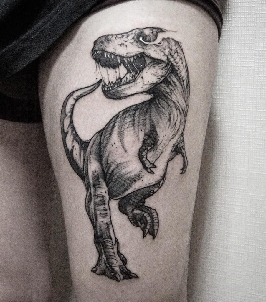 Tattoo of a dinosaur on the hip for men