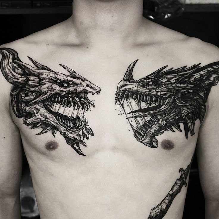 Dragon tattoo on the chest for men