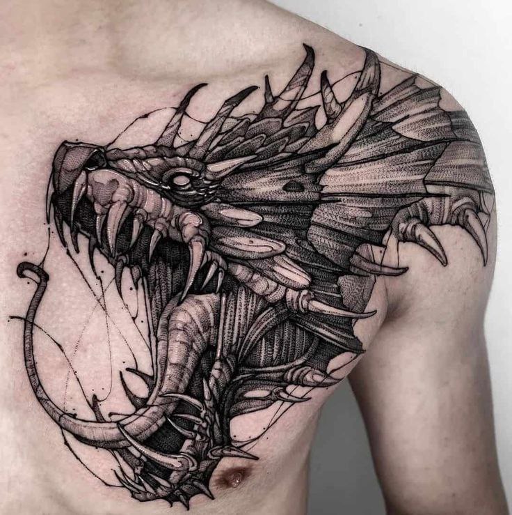 Dragon tattoo on the chest for men