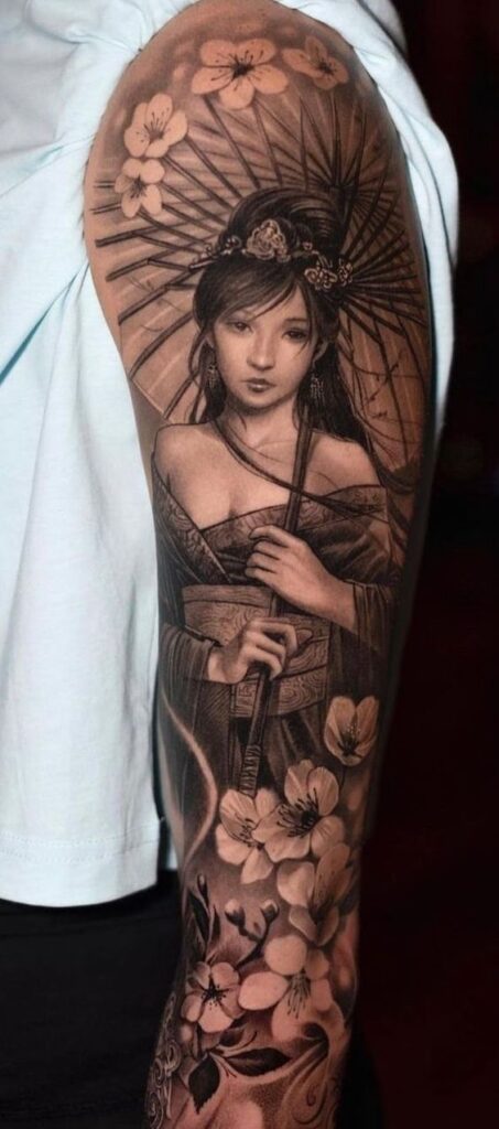 Geisha tattoo on the arm for men