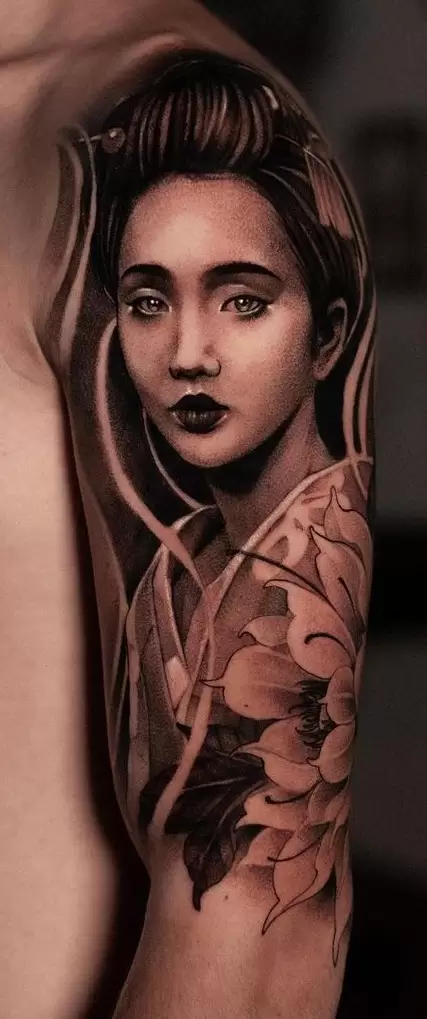 Geisha tattoo on the shoulder for men