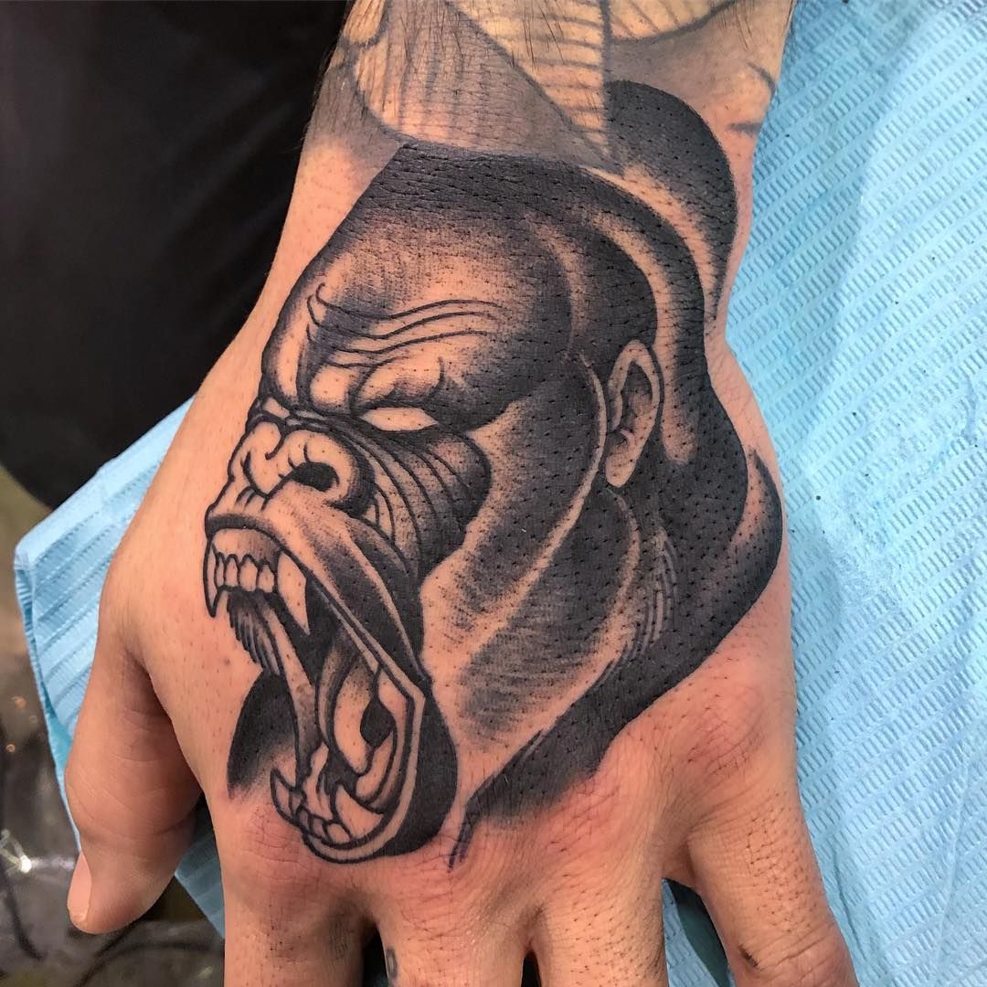 Gorilla tattoo on the hand for men