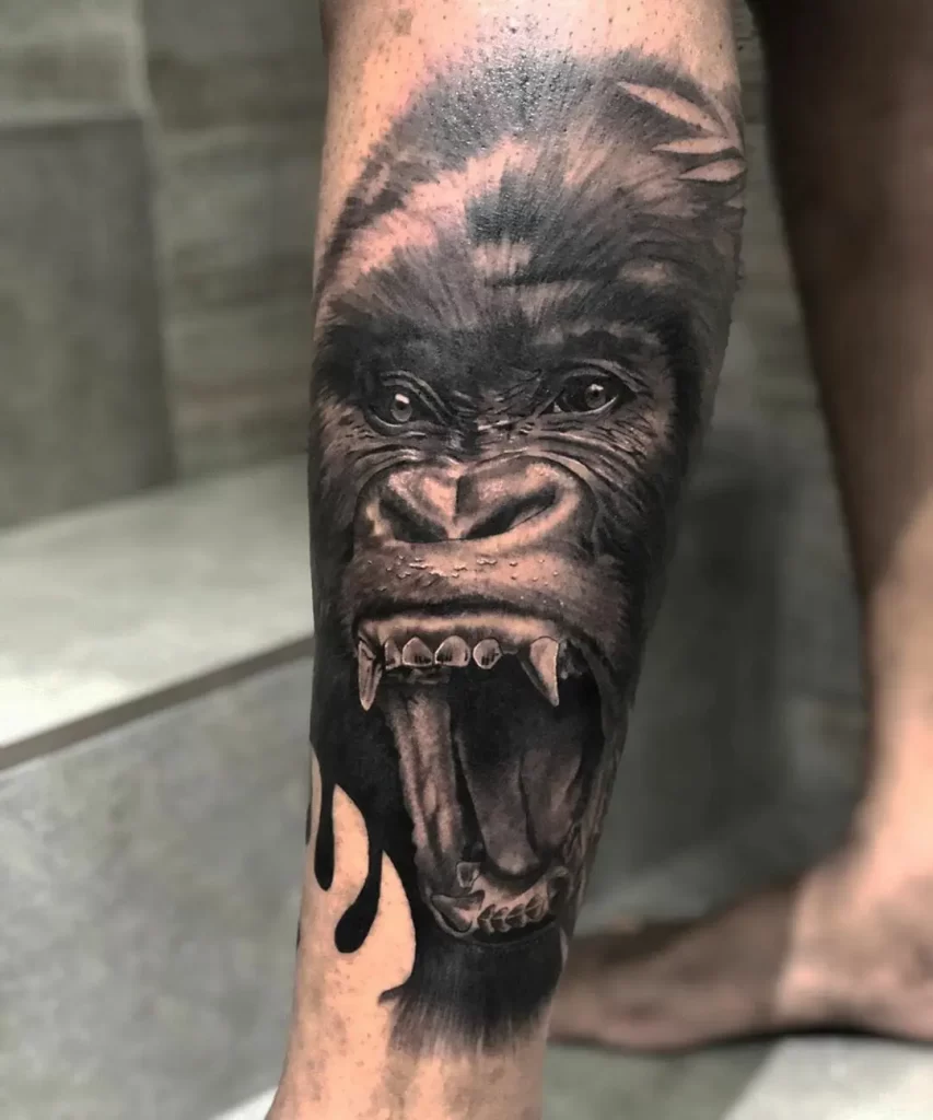 Gorilla tattoo on the shin for men