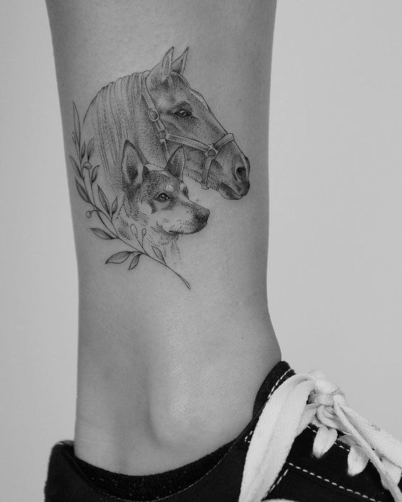 Horse tattoo on the shin for men