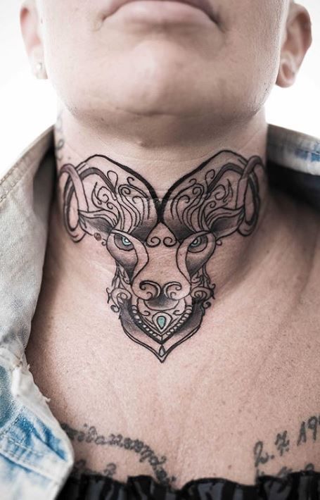 Tattoo of a ram on the neck for men