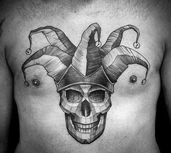 Tattoo of a jester on the chest for men